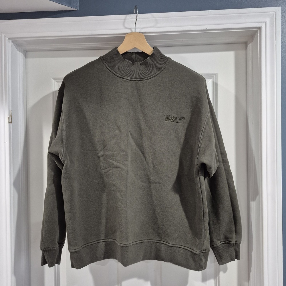 WSLY Sweatshirt Womens Medium Olive Green Oversized Organic Cotton Mock Neck
